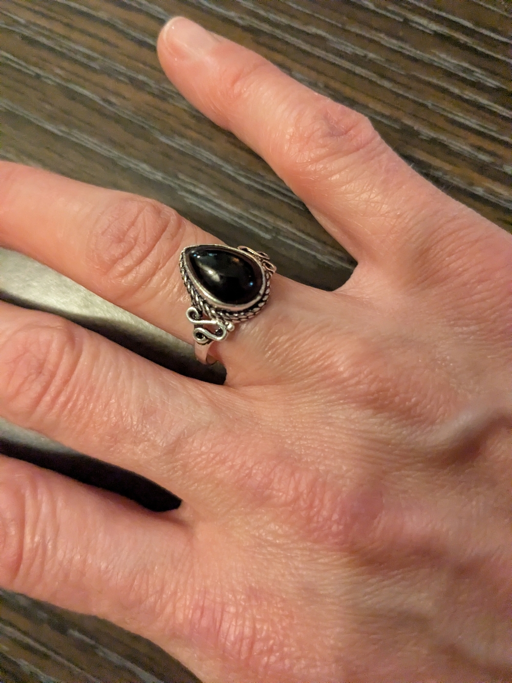 Sterling Silver Plated Black Onyx Teardrop Ring Size 7
